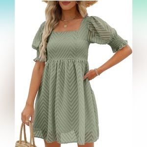 Womens Summer Puff Sleeve Square Neck Empire Waist Babydoll Dresses